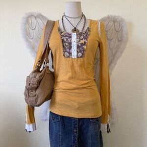 Cottagecore whimsy Twee Mustard Yellow Floral Patch Long Sleeve Fitted Top Mori‎